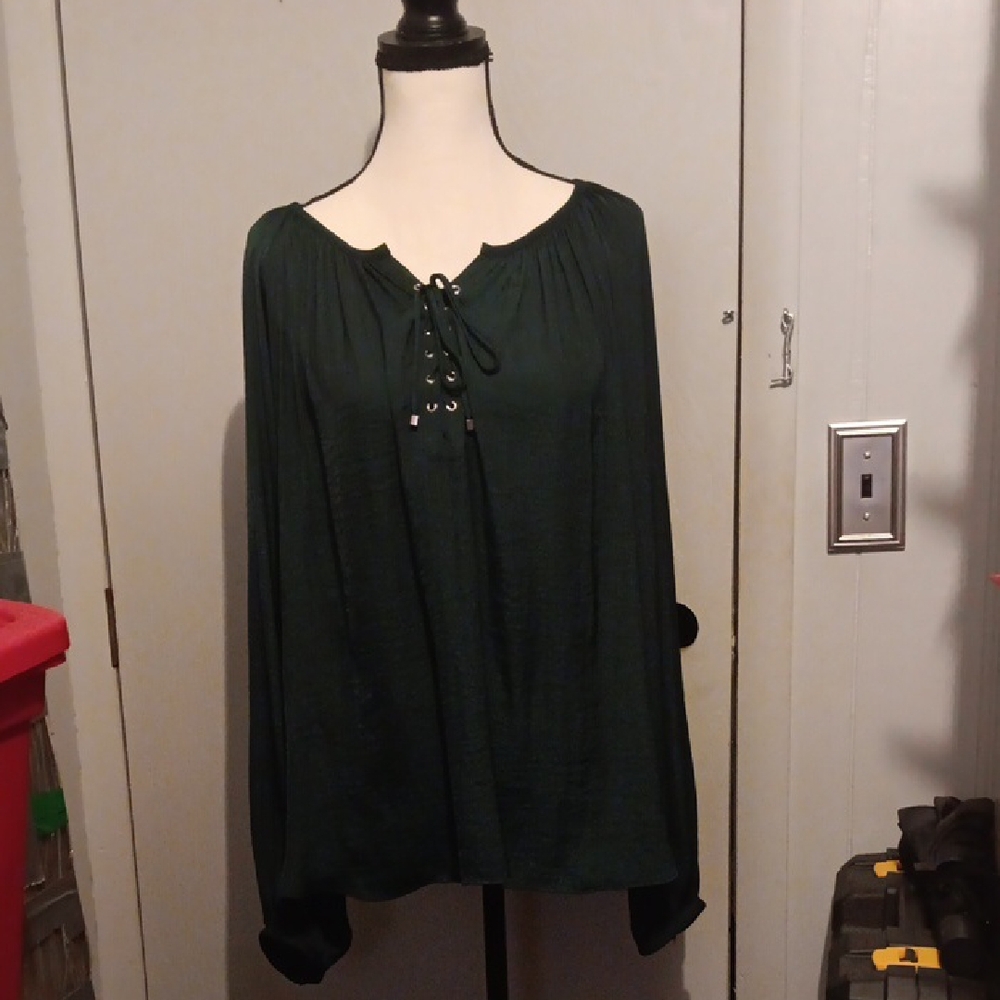 Jennifer Lopez Dark Green Lace-Up Blouse